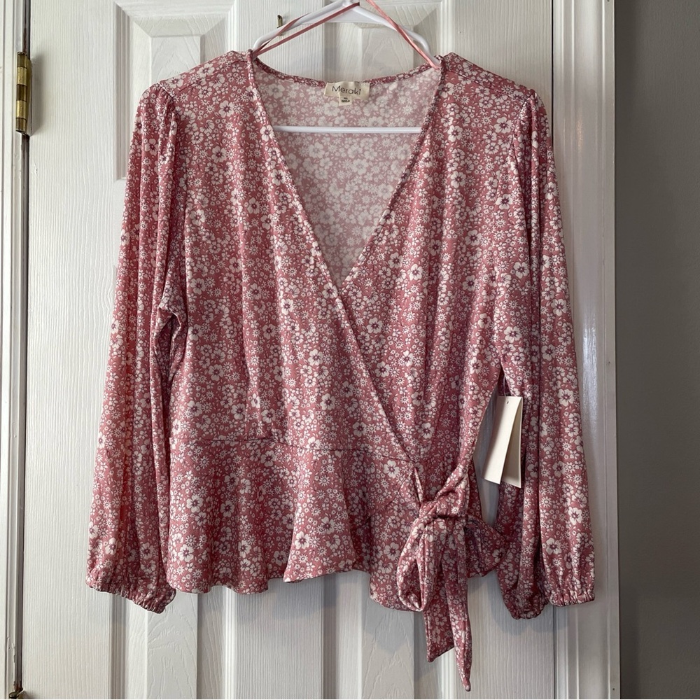 meraki Pink Floral Wrap Blouse